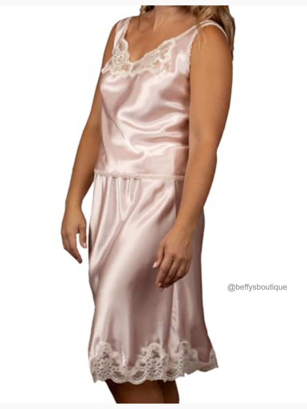 Satin Half Slip with Lace Hem, Knee Length, Elastic Waist - Picture 3 of 6